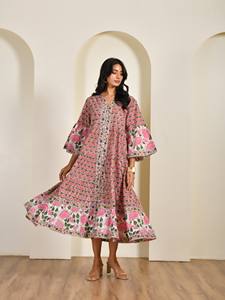 Vestido de algodón estampado a mano para mujer, vestido midi de manga larga, venta al por mayor directa de fábrica, fabricante de ropa OEM, pedidos al por mayor - Product Image 3