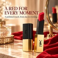 Rouge à lèvres mat YAL Velvet, couleur rouge vif, toucher soyeux, étui noir et or, maquillage cosmétique