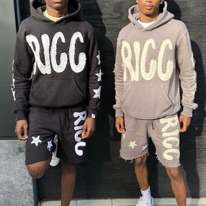 ODM Patchwork Hoodie Sweatpants Set Distress <b>Embroidery</b> Hoodies Set Unisex Distressed French Terry Sweatsuits Manufacturer - Product Image 4