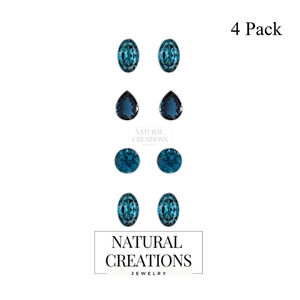 925 Silver London Blue Topaz Natural Pear Round Oval Cut Butterfly Lock Stud <b>Earring</b> Classic Style Bezel Setting Pack of 4 Pairs - Product Image 2