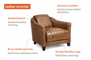 Fauteuil en cuir et bois avec coussin confortable, construction durable, design classique intemporel, idéal pour la maison et le salon - Product Image 2