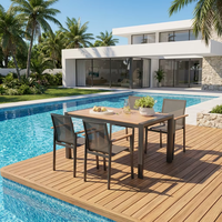 Ensemble de salle à manger d'extérieur 4 places |   Table en WPC avec cadre en aluminium, chaises en maille respirante, accoudoirs en bois |   Terrasse de parc d'hôtel résistante aux intempéries