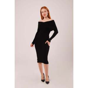 Vestido Midi con Hombros Descubiertos al por Mayor, Cómodo, de Punto Negro con Cintura Natural - Product Image 6
