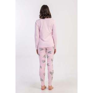 Conjunto de pijama de licra para mujer con cuello redondo, mangas largas, cintura ovalada y puños - Rosa - Rosa - Product Image 3