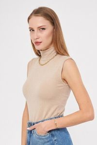 Manufacturer Wholesale Women's Beige Sleeveless <b>Mock</b> <b>Neck</b> Viscose Knit <b>Top</b> Regular Fit Casual Basic Knitwear - Product Image 4