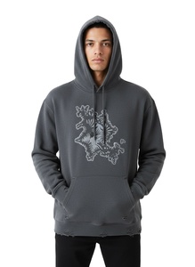 Sudadera con capucha personalizada de algodón de alto gramaje, lavada y desgastada, de corte oversize y holgado, con dobladillo sin rematar, bordada, estilo streetwear y hip-hop - Product Image 1