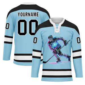 Maillots de hockey sur glace personnalisés par sublimation, col à lacets, bleu clair, uniformes d'équipe de hockey avec nom et numéro - Product Image 1