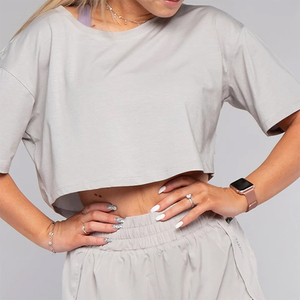 INDEX APPAREL Women's Gray Crop <b>Top</b> T-Shirt O-Neck Short Sleeve Loose Fit Solid Color Casual Spring Summer Wear - Product Image 2