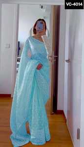 Soie organza de style indien avec travail de broderie et saree à bordure en dentelle fantaisie avec georgette avec chemisier de travail à séquence de broderie - Product Image 2