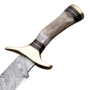 Cuchillo Bowie Hecho a Mano, Hoja de Acero de Damasco, Mango de Cuerno, Refuerzo de Latón, con Funda de Cuero, Cuchillos de Supervivencia. - Product Image 3