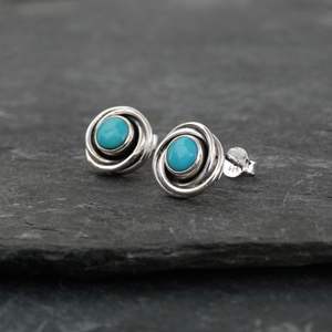 18K Gold Plated Natural <b>Turquoise</b> Round Shape Gemstone <b>Stud</b> <b>Earrings</b> Vintage Solid 925 Sterling Silver Handcrafted Fine Jewelry - Product Image 2