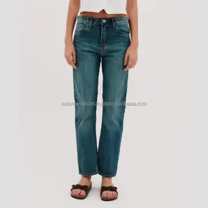 جينز فاخر باللون الأزرق الفاتح للنساء به 5 جيوب بنطلون مستقيم نموذج منخفض ارتفاع الورك جينز نسائي من قماش القطن الكتاني 100%