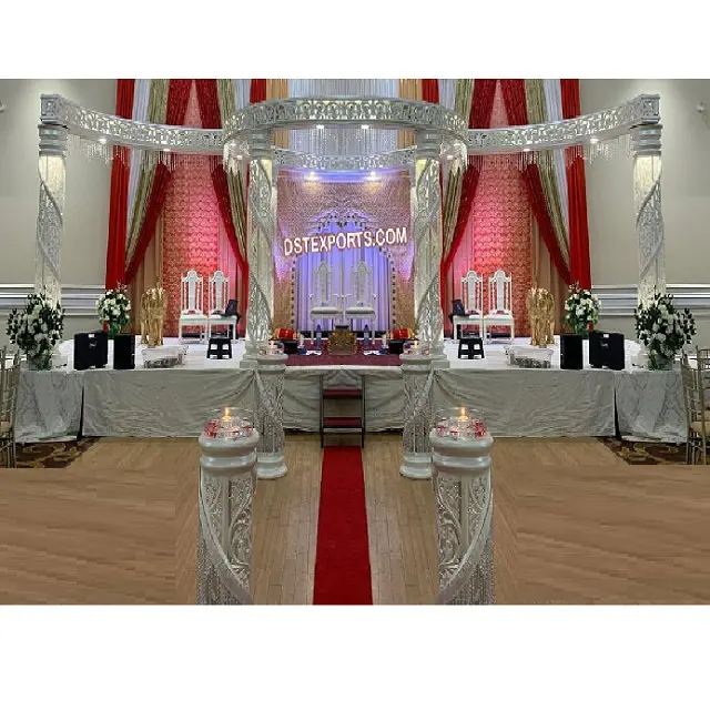 Kaufen Sie elegantes Design Faser Kristall Hochzeit Mandap Diamant Hochzeit Spiral Säulen Mandap Hochzeit Weiß LED beleuchtet Indoor Manda pam