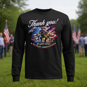 Maglietta a Maniche Lunghe con Bandiera Patriottica USA, Espressione di Apprezzamento Militare, Ringraziamento per Uso Promozionale - Product Image 2