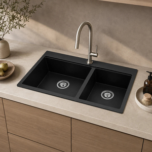Lavello da <span class=keywords><strong>cucina</strong></span> a doppia vasca in quarzo composito nero da 33 pollici, installazione a incasso, fornitura per progetti, vendita all'ingrosso dalla fabbrica - Product Image 1