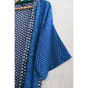 Robe de chambre courte en soie décontractée respirante grande taille, imprimé indien patchwork, longueur genou, robe de nuit d'automne, vêtement de maison confortable - Product Image 3