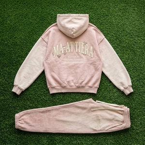 Conjunto de Sudadera con Capucha y Pantalones Deportivos para Mujer, Color Rosa Rubor, con Pedrería Bordada, de Algodón y Felpa, Estilo Oversize, Venta al Por Mayor OEM - Product Image 5