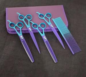 Juego de tijeras profesionales de 8 pulgadas para el cuidado del perro, azul y negro, herramientas de peinado de pelo curvo recto multiusos de alta calidad, duraderas - Product Image 1