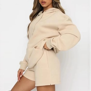 Women's Crew Neck Sweatshirt and Above Knee Shorts Set Solid Knitting Fabric Stylish Two-Piece Casual Wear - Product Image 5