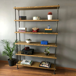6-Tier <b>Pine</b> Wood & Steel Pipe <b>Shelf</b> for Living Room Standing Type - Product Image 3