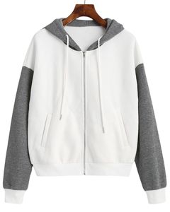 <b>White</b> Grey Contrast Zip Up <b>Hoodie</b> With Front Pockets Casual Streetwear Unisex Soft Comfortable Warm Fashion Zipper Jacket - Product Image 1