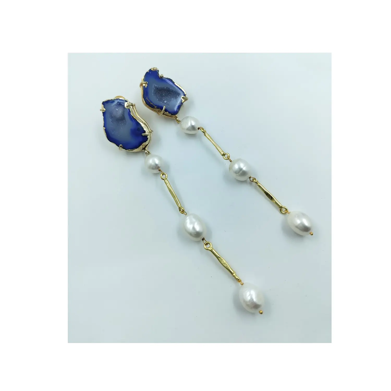 Buy 18K Electroplated Blue Agate With Real Baroque Pearl Statement Hanging Earrings Latest Designed Earring