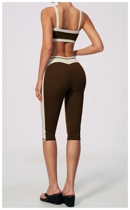 Brown Contrast Stripe Crop Top High Waist Capri Leggings 2 Piece Yoga Set Seamless Four-Way Stretch Activewear - Product Image 6