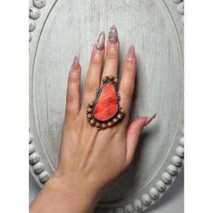 Navajo Made <b>Statement</b> <b>Ring</b> Spiny Oyster & Platinum with Turquoise and Coral Gemstones Size 10.25 Everyday Wear - Product Image 4
