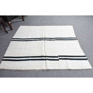 Tapis Moderne Blanc Noir en Laine 5.2X5.5 pieds Classique Style Turc Patchwork Design Rayé pour Adolescent Salon Couloir Latex - Product Image 1