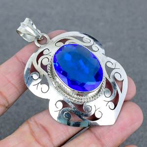 Ovale à facettes Londres bleu laiton pierres précieuses pendentif à breloque Designer mode pendentif bijoux 925 argent plaqué breloques pour la vente en gros - Product Image 1