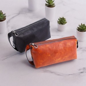 Genuine Leather Toiletry Case <b>Medium</b> Size Zipper Closure Portable Soft Handle Classic Style Black Cosmetic Bag - Product Image 4