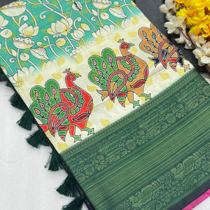 Zari Gold Weaving Kanchi Pattu Saree con rico yo y contraste KALMKARI Mottif tejido Se empareja con una blusa contrastante - Product Image 1