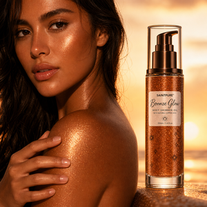 Olio Corpo Illuminante OEM Caramel Magic Shimmer al Pistacchio e Vaniglia, Abbronzante Schiarente per Tutti i Tipi di Pelle, 100ml, Vendita all'Ingrosso, Etichetta Privata - Product Image 5