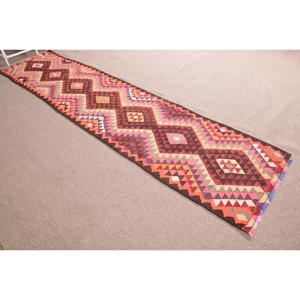Turkish Vintage Rug 2.8x11.9 ft, Kilim <b>Red</b> Check <b>Wool</b> Rug - Product Image 3