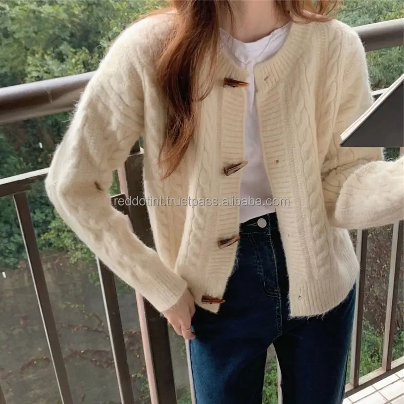 Winter Fashion Cardigan Button blue Casual Plain Women Knit Sweaters Long Sleeve Ladies Soft Outer