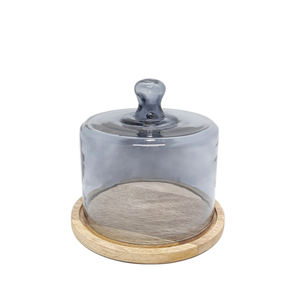 Ensemble de vente chaude de 3 assiettes à gâteau en bois avec dôme en verre fumée et couleurs naturelles plateau de service de petite taille pour mariage - Product Image 1