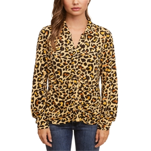 Camicia in maglia di chiffon satinato con arricciatura frontale a filo singolo, stampa floreale leopardata vintage, taglia XL, formale vintage per primavera autunno - Product Image 4