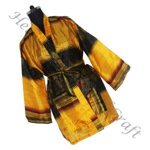 KS003 Pure Silk Vintage Sari Kimono Veste pour Femme Design Abstrait Taille Libre Réglable pour l'été - Product Image 5