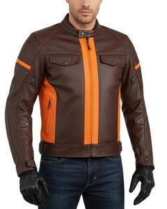 Blouson de motard en cuir marron premium pour homme 2026 avec empiècements orange contrastés et col montant - Product Image 4