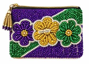 Porte-monnaie en perles faites à la main pour le Mardi Gras avec fermeture éclair, violet, vert, or, pochette de festival - Product Image 3