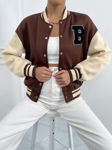 Women Varsity <b>Jacket</b> Long Denim <b>Baseball</b> <b>Bomber</b> <b>Jacket</b> With Lettermen Casual Wear Stand Collar Fur Decoration Finished Product - Product Image 4
