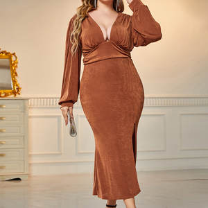 Vestido Elegante Informal de Algodón para Mujer Talla Grande, Color Marrón, Cuello en V Profundo, Silueta Ajustada, Maxi, Estampado Floral Natural, Talla XL - Product Image 5