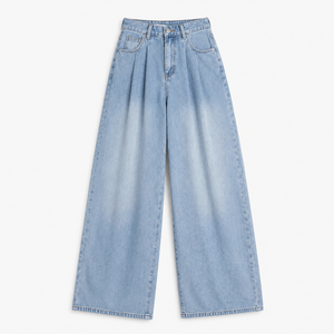 Jean en denim délavé taille haute pour femme, coupe ample, jambe large, longueur intégrale, en coton, décontracté, avec plis sur le devant, idéal pour le printemps, OEM ODM - Product Image 1