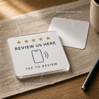 Autocollant carré en acrylique NFC personnalisable pour avis clients – Tap to Review pour comptoir de bar et zone d'accueil de café
