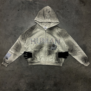 Pulvérisation personnalisée Gradient Zip Up Hoodie Avec Strass Patchwork Boxy Cropped Fit Streetwear Veste Zipper Hoodies Pour Hommes - Product Image 3