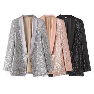 2024 Spring New Product Women's Fashionable Style Polo Collar Long sleeved Solid Color <b>Sequin</b> Suit Coat - Product Image 2