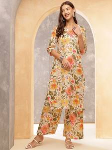 Kurta de Algodón Puro con Estampado Floral para Mujer con Palazzos, Traje Salwar Kameez Indio Pakistaní - Product Image 2