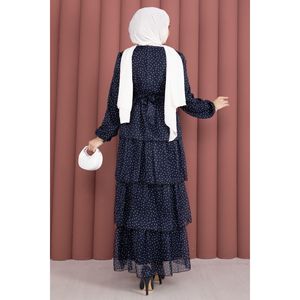 Robe trapèze bleu marine à pois superposés, design personnalisé, coupe Empire, longue, en crêpe, mousseline et polyester tissé, avec ceinture simple personnalisée, longueur genou - Product Image 6