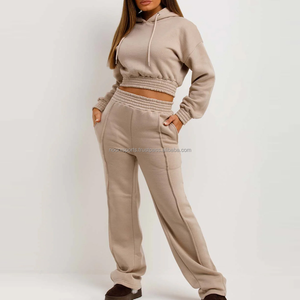 Wholesale Custom Brand Name Women's Winter Cotton Jogging Set Hooded Tracksuit <b>Crop</b> <b>Top</b> Solid Fleece Sweat Suits Washed - Product Image 6