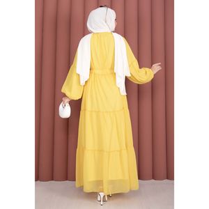 Vestido de Gasa Amarillo Oscuro con Spandex, Detalle Fruncido y Capas, Cintura Imperio, Sexy para Club/Día a Día, Tallas XS-XL, Incluye Forro - Product Image 6
